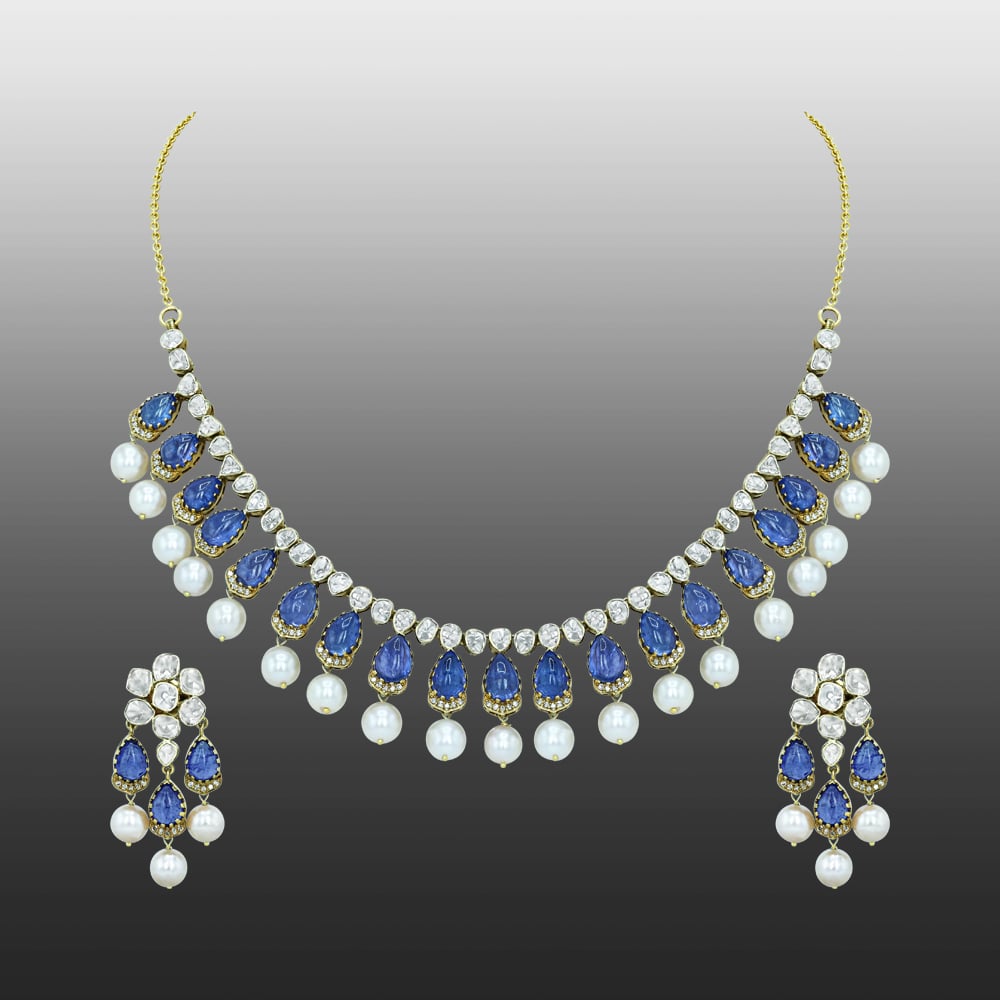 Tanzanite Necklace Set with Polki Diamonds and Pearl Drops